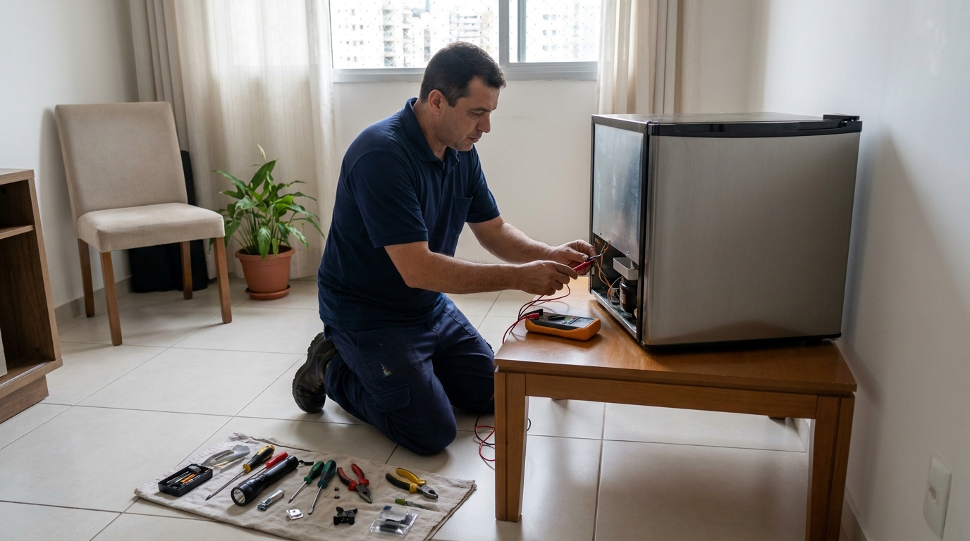 Técnico fazendo manutenção do motor de frigobar em Danilo Passos, Divinópolis‑MG