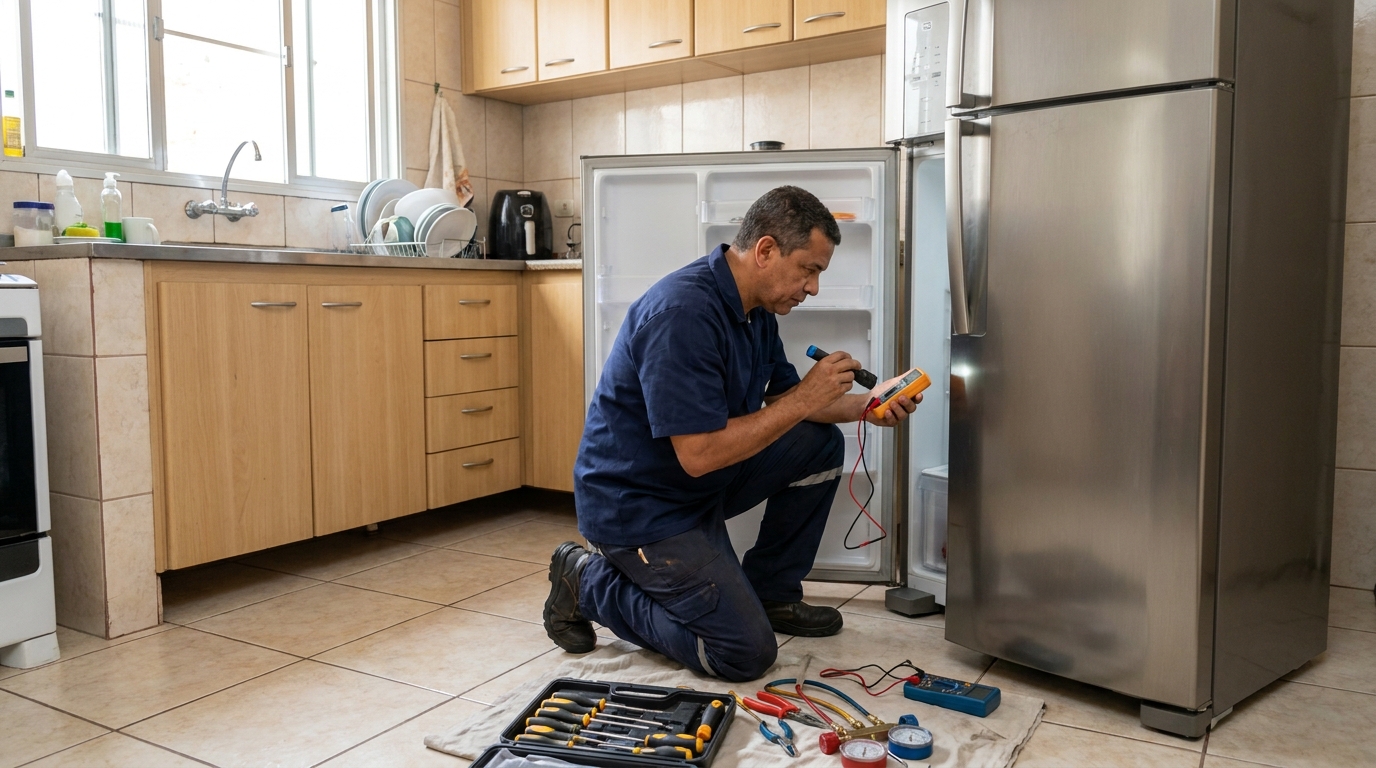 Técnico aplicando recarga de gás refrigerante em geladeira em Antares, Divinópolis‑MG